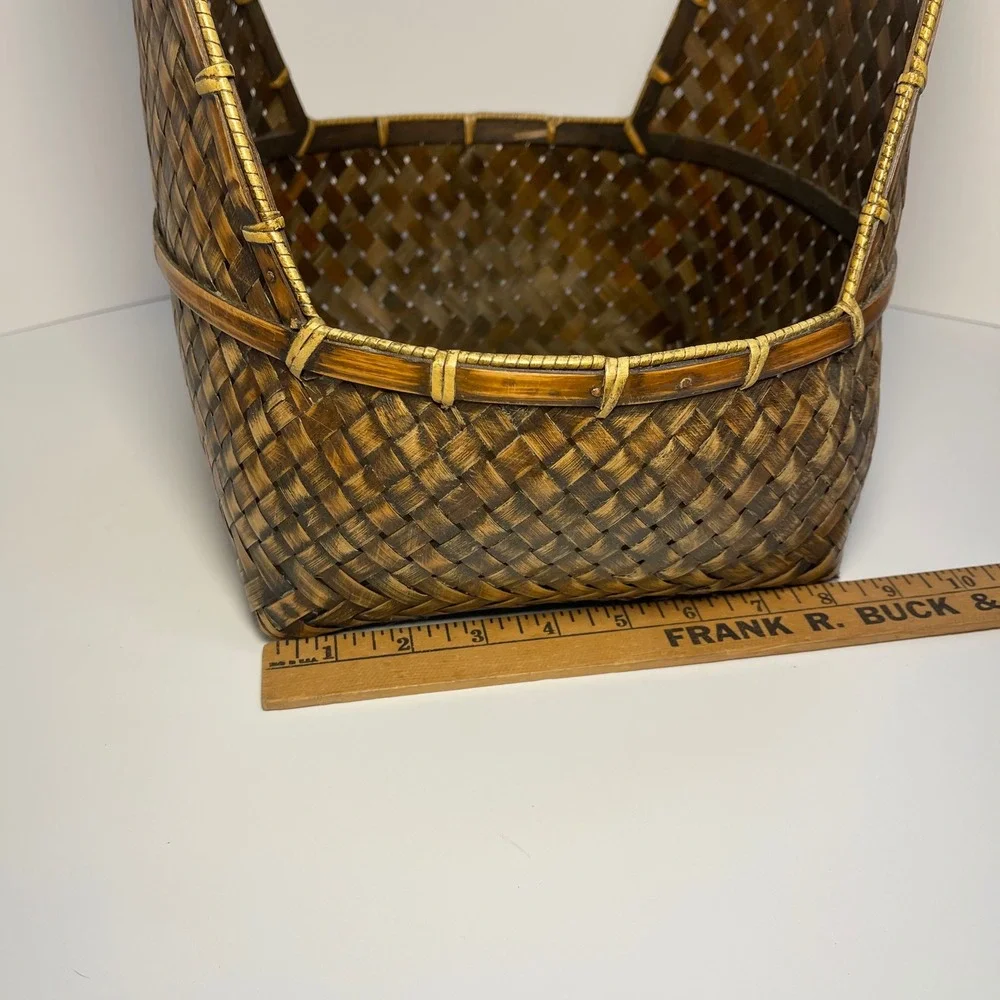 Vintage Woven Bamboo Rattan Gathering Basket Brown High Handle Hanging Pasking